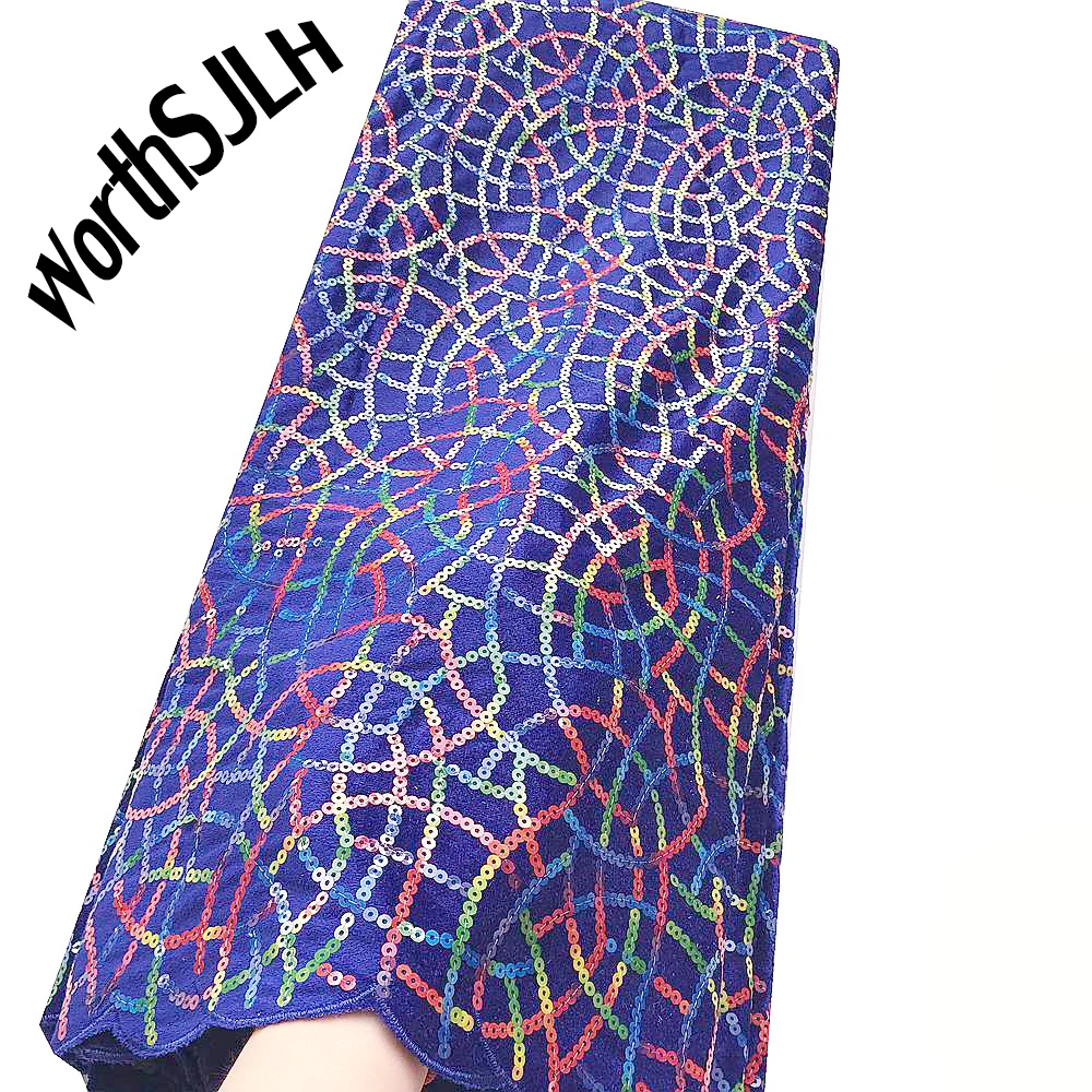 

Latest African Mesh Lace Fabric With Sequins French Tulle Lace Fabric Royal blue Velvet Lace For Nigerian Evening Party