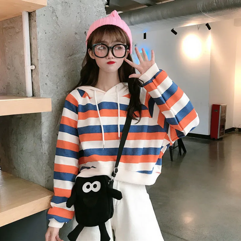 

Осенняя полосатая рубашка с капюшоном толстовки женские с заниженной линией плеч с длинным рукавом Женская толстовка в уличном стиле повсе...