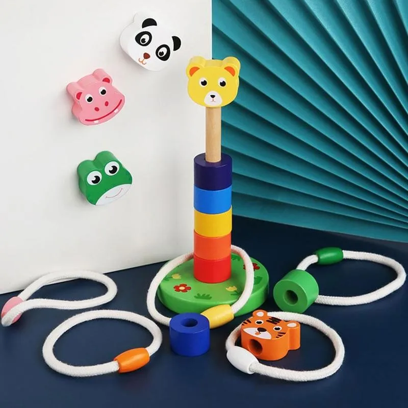 

Animal Rainbow Stacking Ring Tower Blocks kids Montessori Toys Early Education Teaching Aids Wood Baby Toys Gift