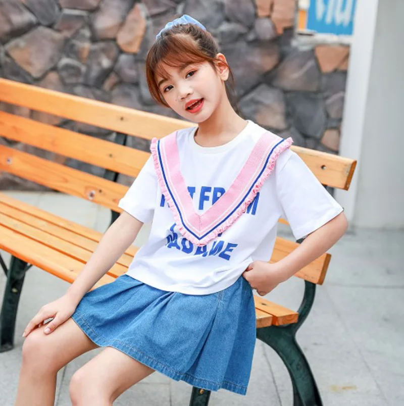 

Cultiseed Girls Summer Letter Print Short Sleeve T-Shirts+Denim Jeans Dress 2pc Sets Clothes Students Kids Korean Casual Gowns