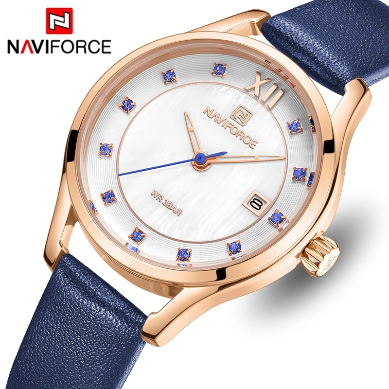 Роскошный бренд NAVIFORCE женские часы Дамская Мода розовое золото синий Кварцевые