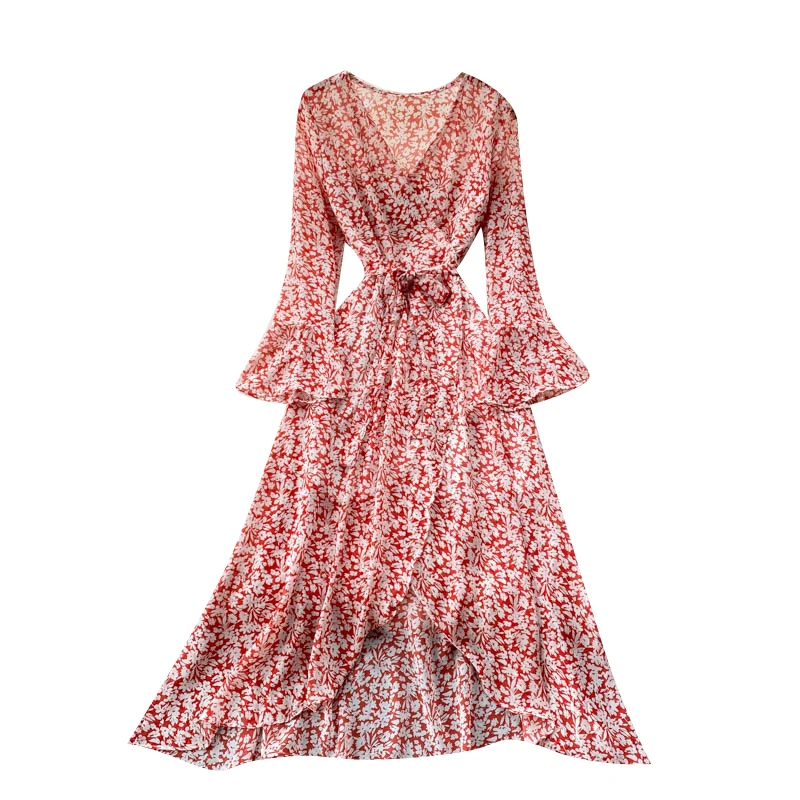 

Женское шифоновое платье с V-образным вырезом, длинным рукавом