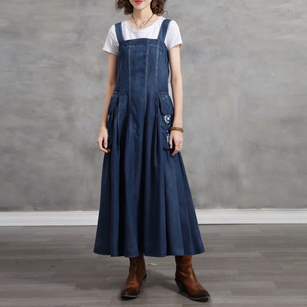 

Western Style Casual Fashion Summer Dress 2021 Loose Simple Strap Pocket Embroidery Solid Color Cowboy Swing
