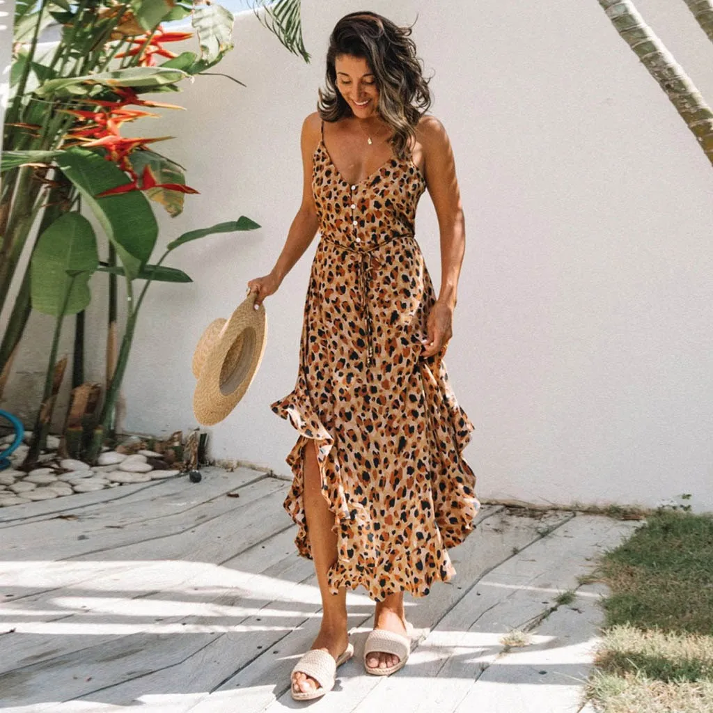 

Женские летние платья 2021, модное леопардовое платье с разрезом, женская одежда, повседневные пляжные длинные платья для отпуска, Vestido De Mujer