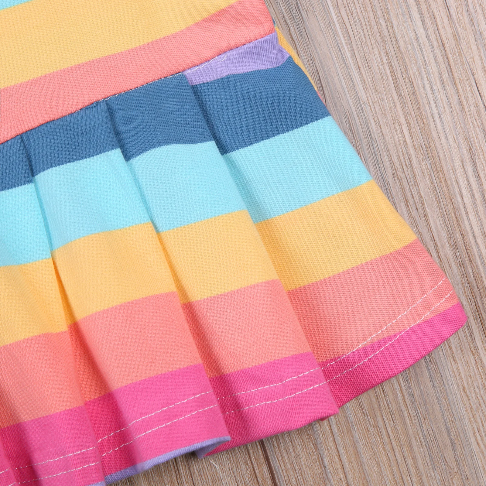 

Baby Girls Rainbow Striped Pattern Dress Summer Button Short Sleeve Colorful Lapel Collar Pleated Dresses Dark Blue Purple