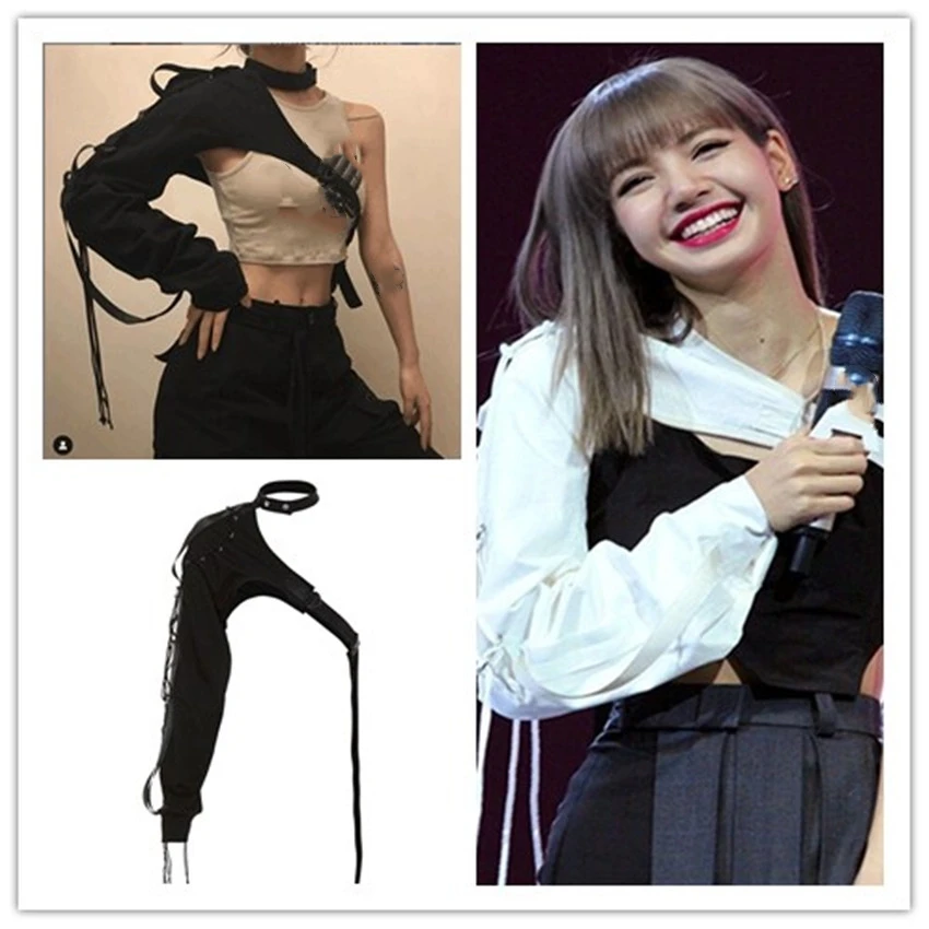 

Kpop Korean Celebrity Dance Show Fashion Irregular One-Shoulder T Shirts Women Clubwear Sexy Hip Hop Slim Tees Long Sleeve Tops