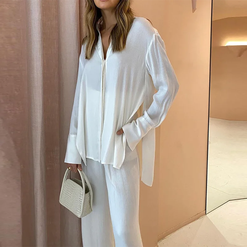 

Autumn Women Single Breasted Blouse & Pants Set Elegant Solid Lady Lapel Shirts Wide Leg Pant Suit Casual Soft Femme Streetwear