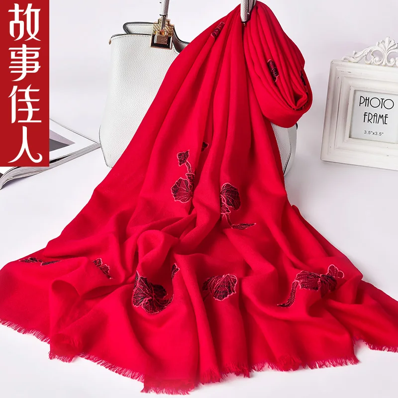 100% Wool Scarf women winter mother Embroidery Wedding Dress bright red Cashmere Shawl national style high grade gift