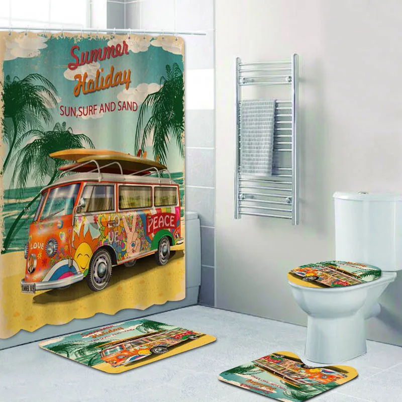 Vintage Summer Holiday Retro Bus Camper Van Shower Curtain Bathroom Curtain Set Waterproof Old Grunge Surf Surfboard Home Decor