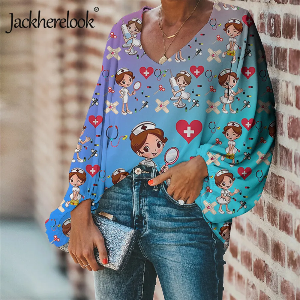 

Jackherelook, брендовая дизайнерская Свободная рубашка с градиентом для медсестры, весна-осень, с длинным рукавом, дышащая Сексуальная шифоновая ...