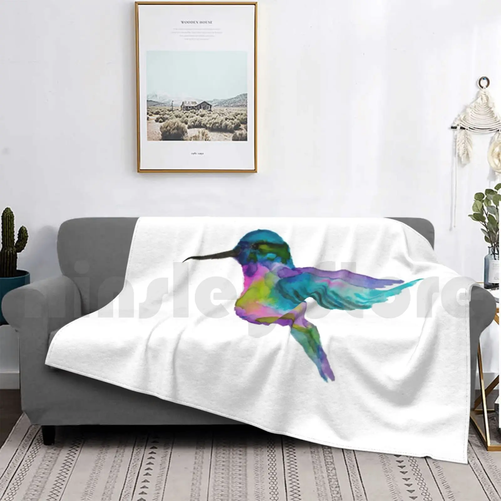 

Dreamy Watercolor Hummingbird Blanket Fashion Custom Watercolor Hummingbird Humingbird Pink Blue Flying Bird