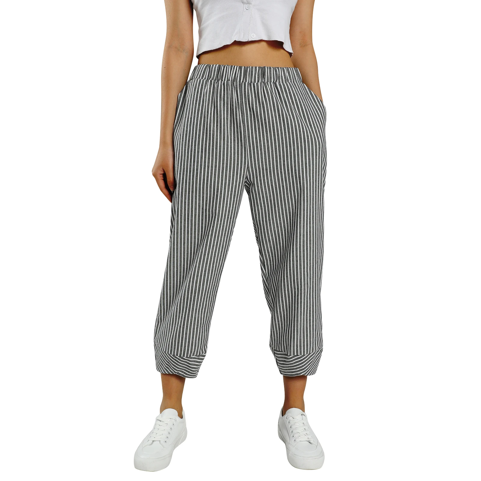 

IMCUTE plus size loose striped printed trousers women's high-waist stretch wide-leg pants autumn street casual sports pants 90s