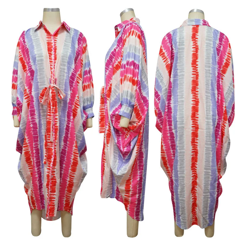 

2021 Summer New Hot Sale Casual Dress Loose Wide Waist Tie Dyed Printed Cardigan Striped Dress With Bandage For Women