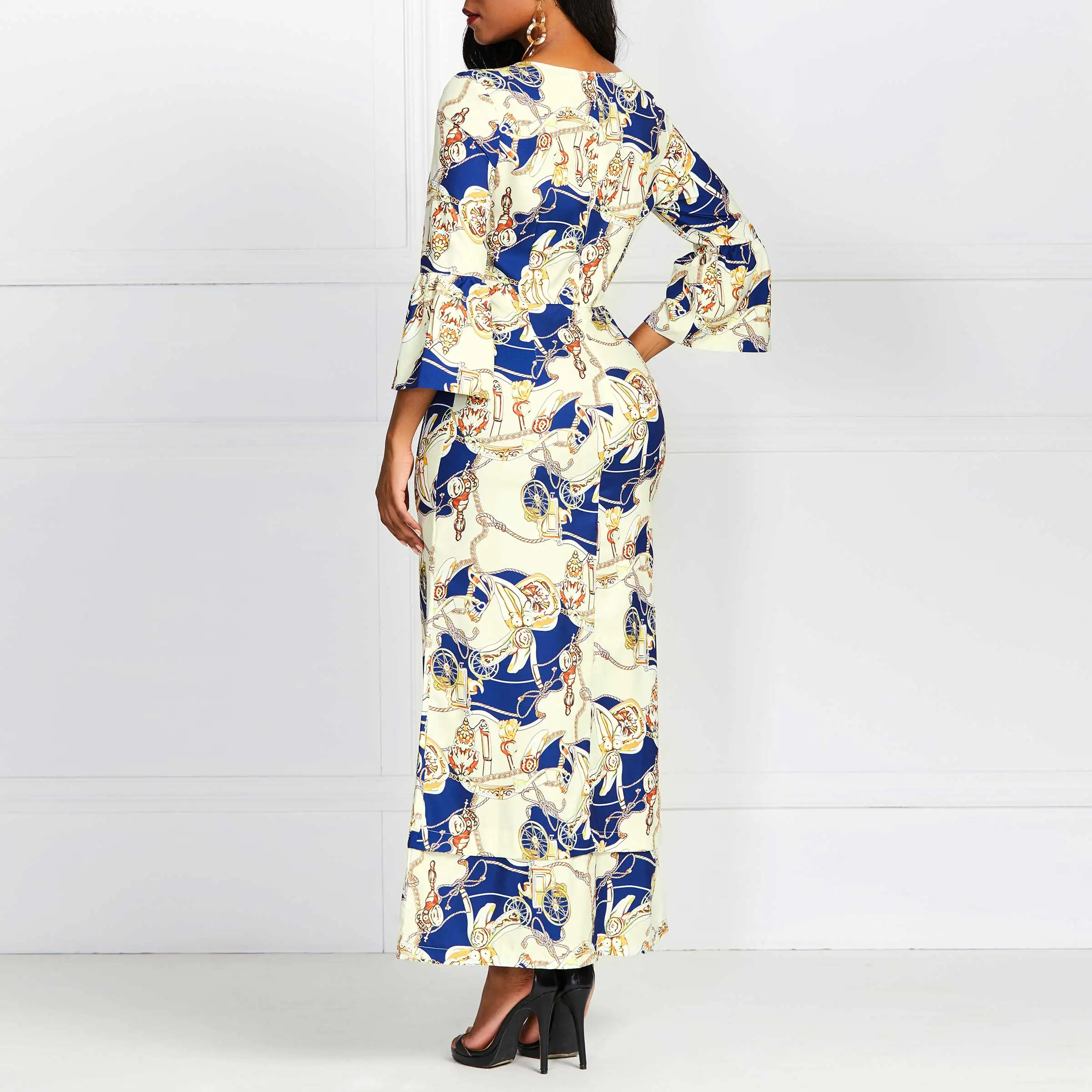 2019 Платье макси с принтом женское платье v-образным вырезом Роскошное винтажное в