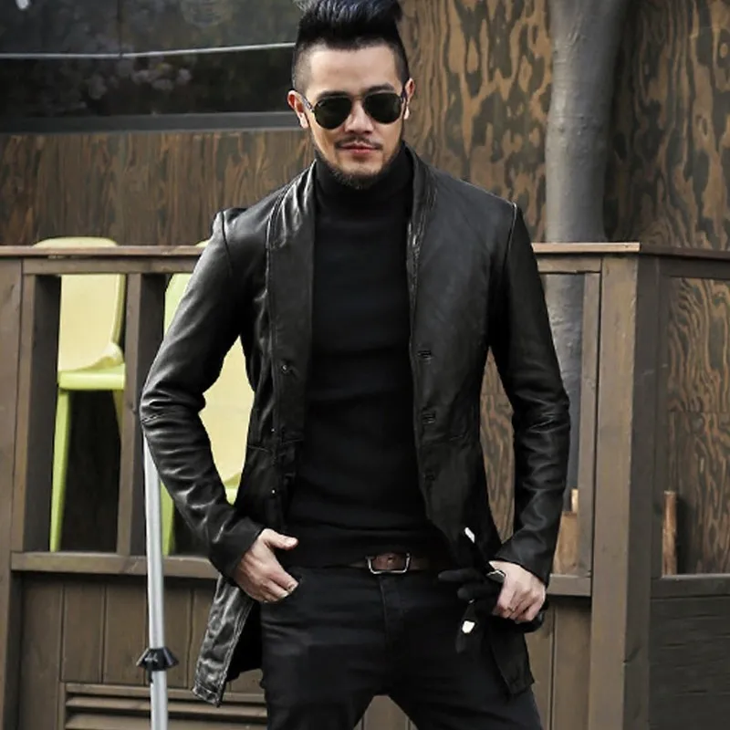 

Street 100% Genuine Sheepskin Coat Men Spring Autumn Slim Fit Single Breasted Business Long Jacket Black Casual Formal Outerwear