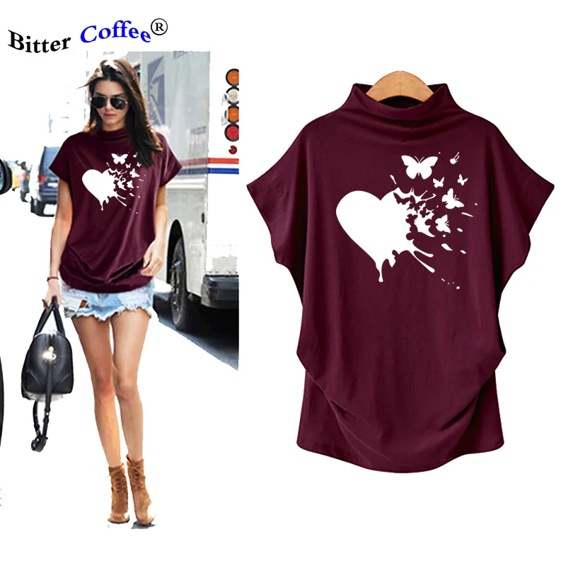 

NEW Heart Butterflies Print T-shirts Women Summer Graphic Tees Casual Aesthetic Clothes Batwing Sleeve T Shirt Women Camisetas