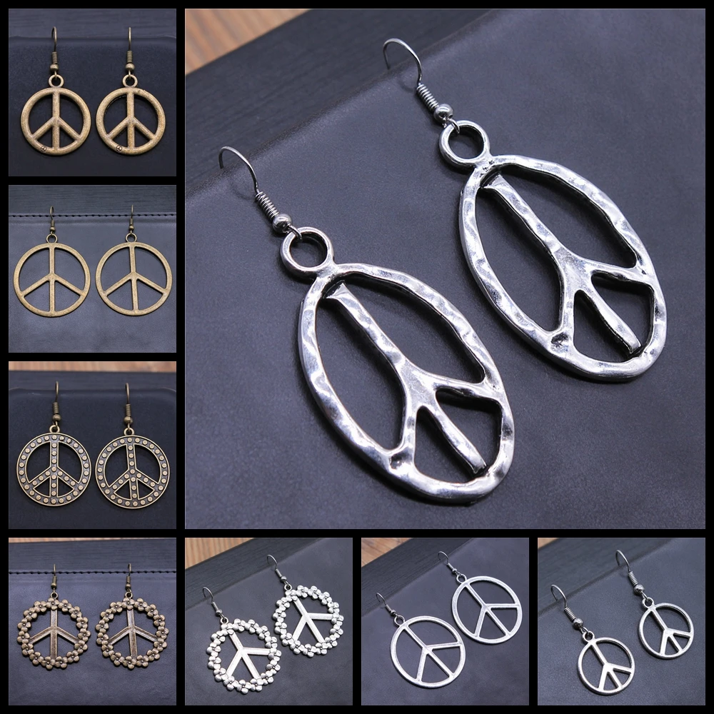 

Punk Antique Silver Color Antique Bronze Color Drop Women's Earrings Charm Vintage Peace Symbols Dangle Earring For Women