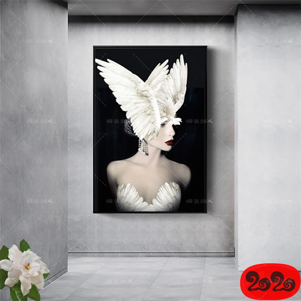 

Modern Black And White Fashion Sexy Female Model Feather Headdress Canvas Print Poster Wall Art Living Room Home Decoration