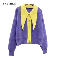 saythen long sleeve contrast color patchwork knit cardigan sweater womens v neck lapel casual button jacket 2020 autumn winter