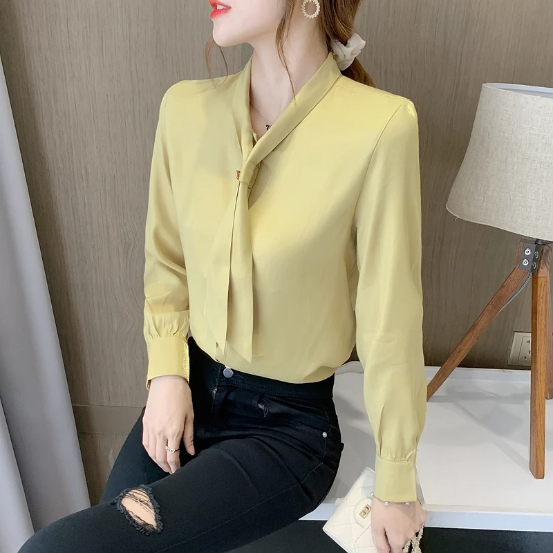 

Chikichi 2021 Spring and Autumn New Korean Style Temperament All-match Lace Solid Color Chiffon Ladies Long-sleeved Shirt