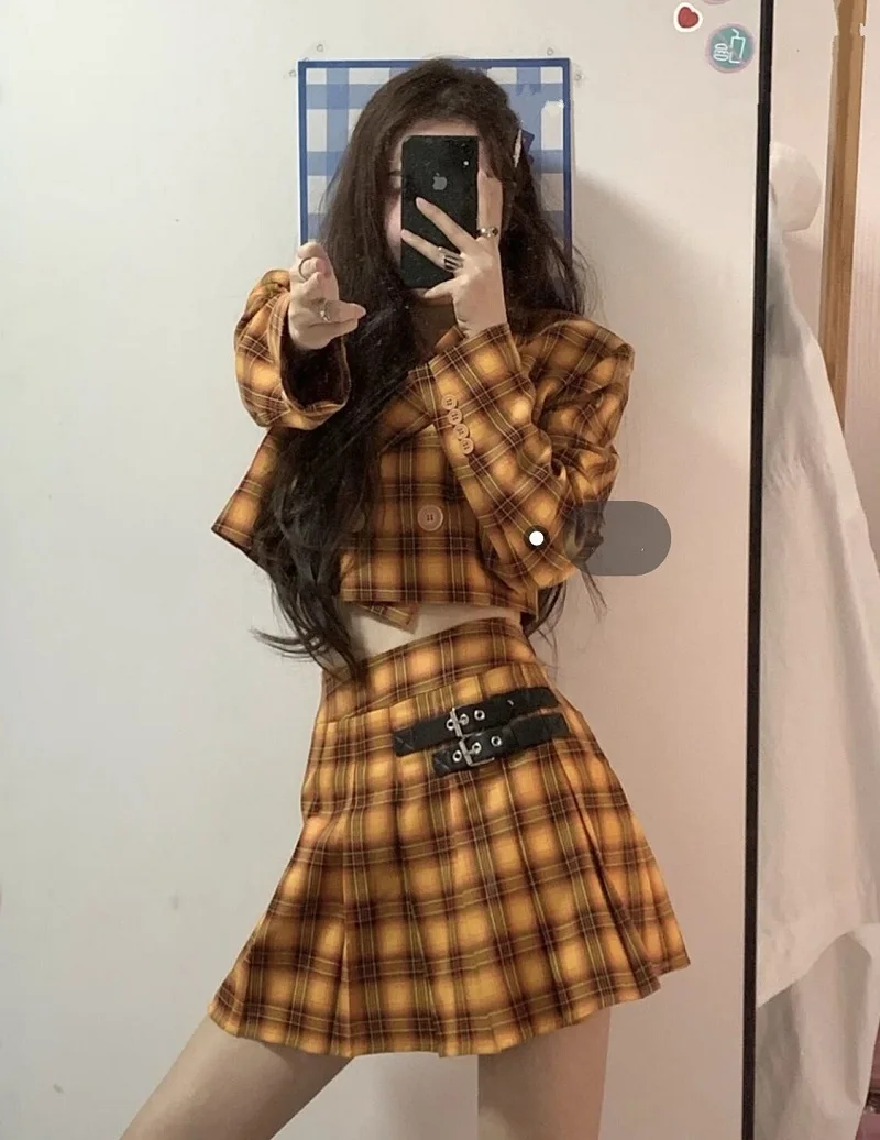 

2000s vintage preppy style plaid pleated skirt women Harajuku JK uniform kawaii mini skirt summer casual high waist A-line skirt