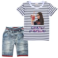 kids summer clothes fashion charli damelio merch t shirt girls short sleeved striped t shirt denim shorts 2pcs set boys outfit