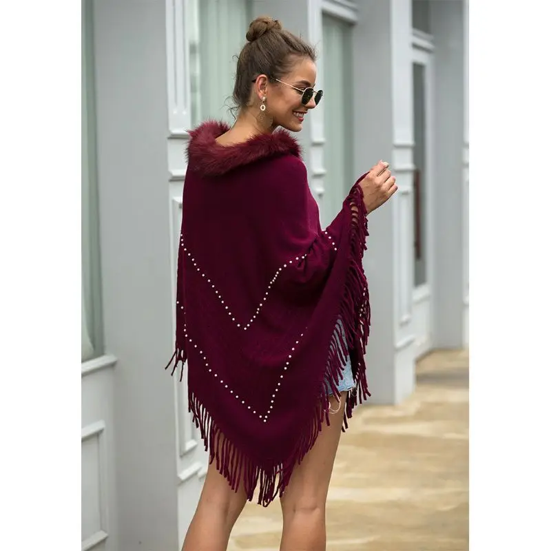 

Womens Plush Collar Knitted Pullover Sweater Top Fringe Tassel Shawl Wrap Batwing Faux Pearl Beading Geometric Striped Poncho Ca