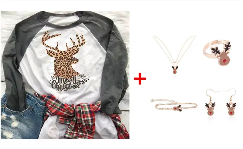 Tee with1set jewelry Рождественский топ леопардовая Футболка с принтом лося Женские топы с длинными рукавами футболки Веселая футболка с рождественским рисунком новая футболка с рукавом реглан - Цвет: Tee with1set jewelry