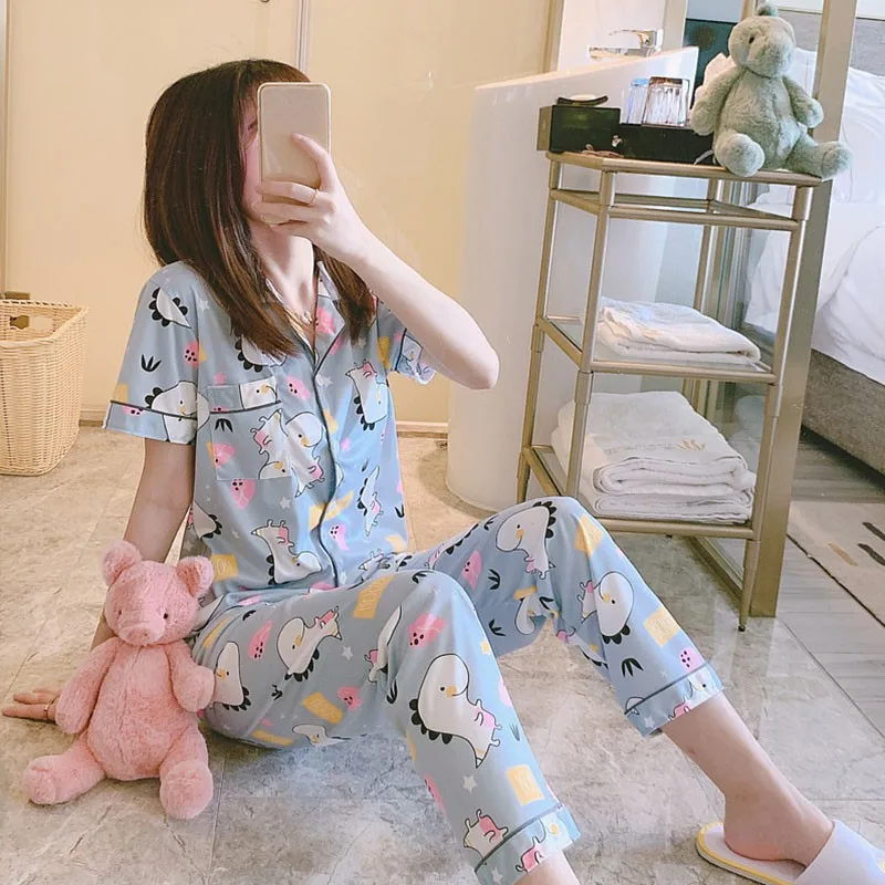 

Two-piece Pajamas Suit Autumn Milk Silk Short Sleeve Pajamas Long Sleeve Trousers Suit Cartoon Casual Fashion Pyjamas Set