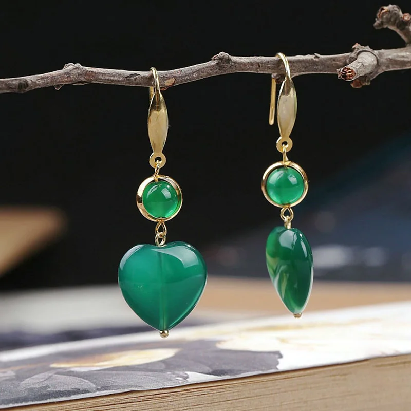 

Natural green semi-precious stone love heart earrings for women high quality retro S925 silvering aesthetic long eardrop gifts