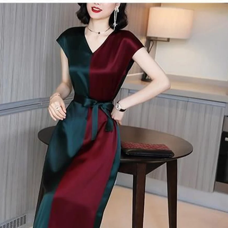 

2021 Sexy Patchwork Short Sleeve Lace-up Summer Dress Women Acetate Satin Long Dresses Elegant Party Plus Size Vestidos Y880