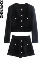 xnwmnz women 2021 fashion metal buttons tweed cropped jacket coat elegante metal buttoned high waist side zipper shorts women