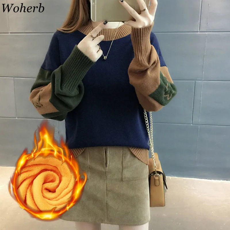 Woherb Harajuku контрастный цвет женский свитер пуловеры Свободные фонари рукав Femme джемпер корейский милый вязаный зимний толстый Одежда