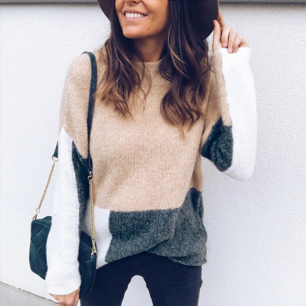 Женский свитер с круглым воротником синий лоскутный головной убор длинными