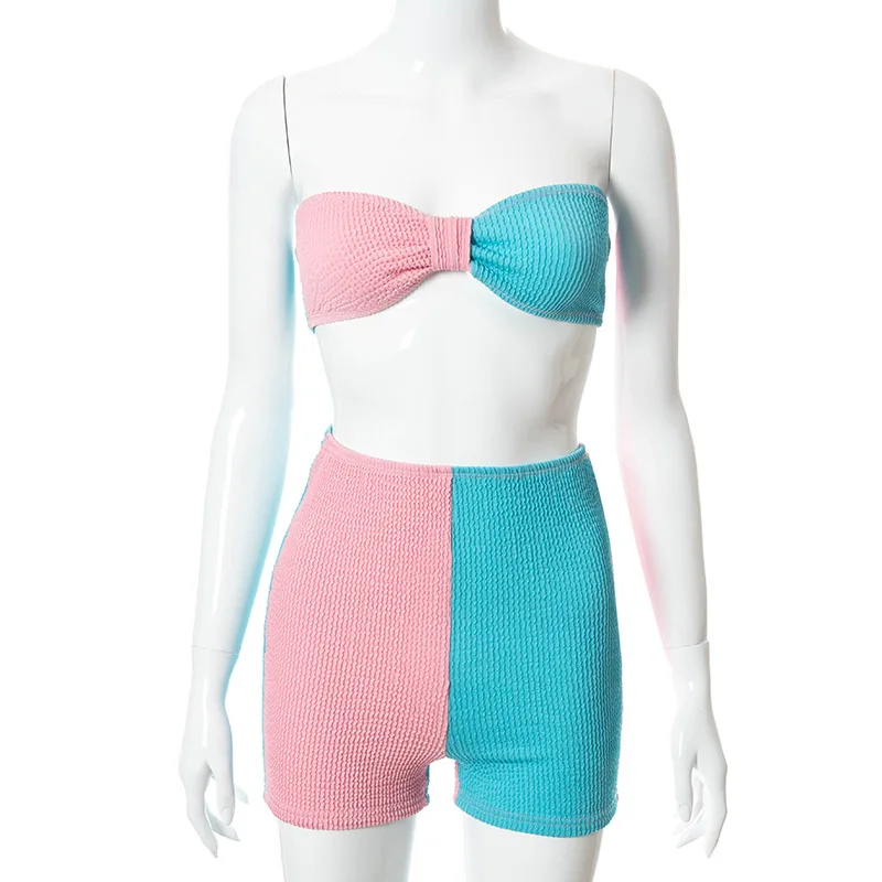 

Patchwork Two Piece Set Women Strapless Wrap Chest Tube Crop Cami Top and Skinny Shorts Summer Lounge Wear Sexy Matching Outfits