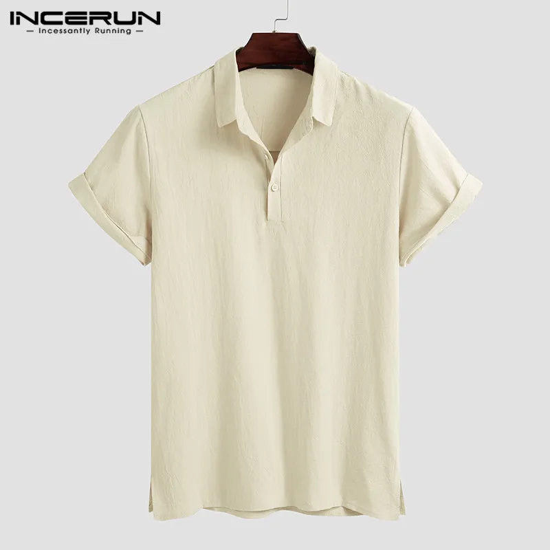 

INCERUN Summer Men Solid Color Shirt Cotton Breathable Short Sleeve Lapel Casual Harajuku Tops Brand Streetwear Camisas Hombre
