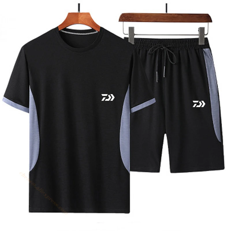 

Dawa Men Short Sleeve T-shirt Suit Summer Breathable Stitching Two-piece Outdoor Sports and Leisure Ice Silk Daiwa Fishing Sets
