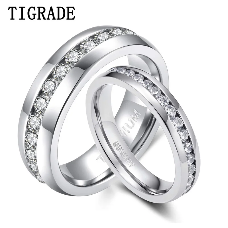 

TIGRADE 1pc 4/6mm Titanium Ring for Women Man Luxury Cubic Zirconia Engagement Ring Silver Color Crystal Wedding Band Couples