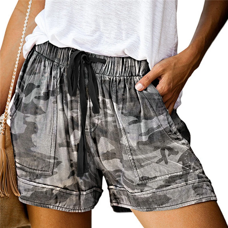 

2020 New Summer Elastic Waist Shorts Beach Solid Leopard Camo Print Loose Women's Surfing Shorts Casual Feminino Plus Size 2XL