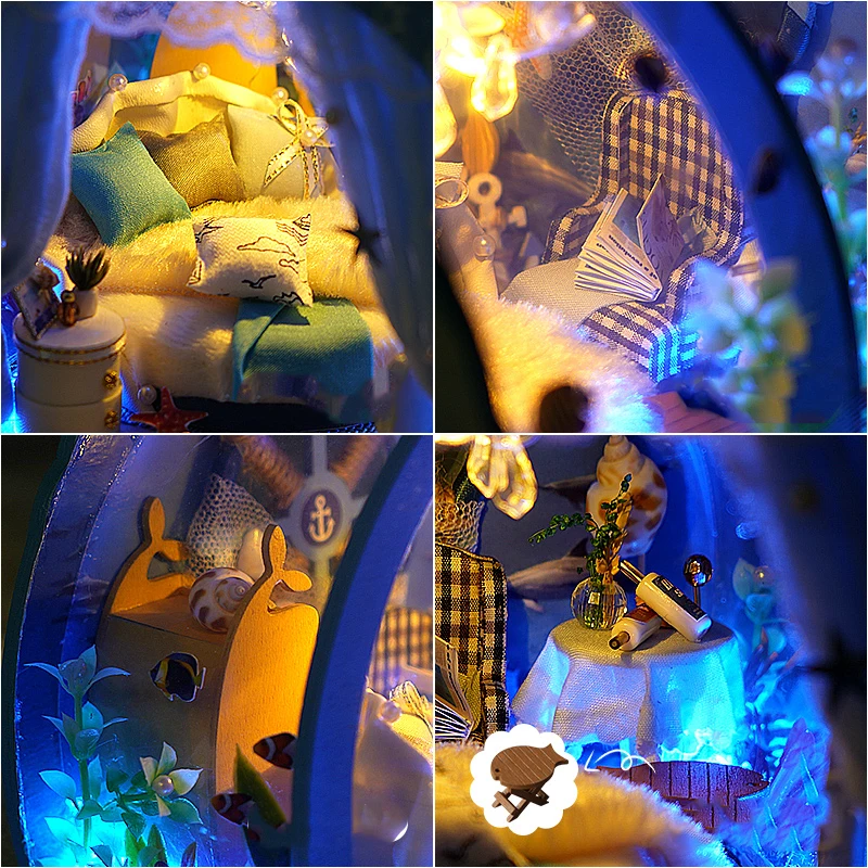 

DIY Miniature Furniture Ocean Room Kit Dollhouse with Light Fish Assembled 3D Model Casa Doll House for Children Adult Gifts