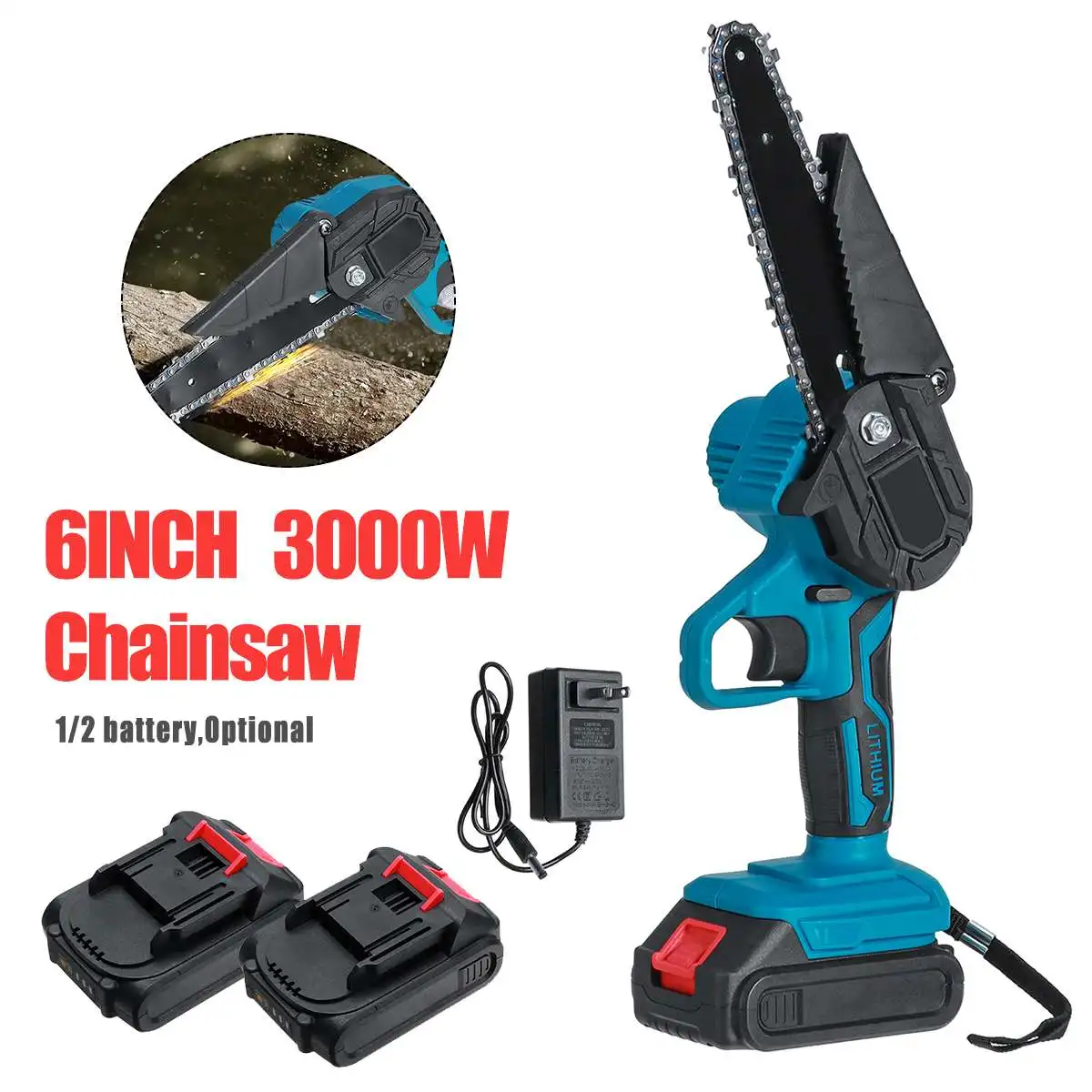 

New 3000W 4/6 Inch 88V Mini Electric Chain Saw With 2PC Battery Woodworking Pruning One-handed Garden Tool Rechargeable EU Plug