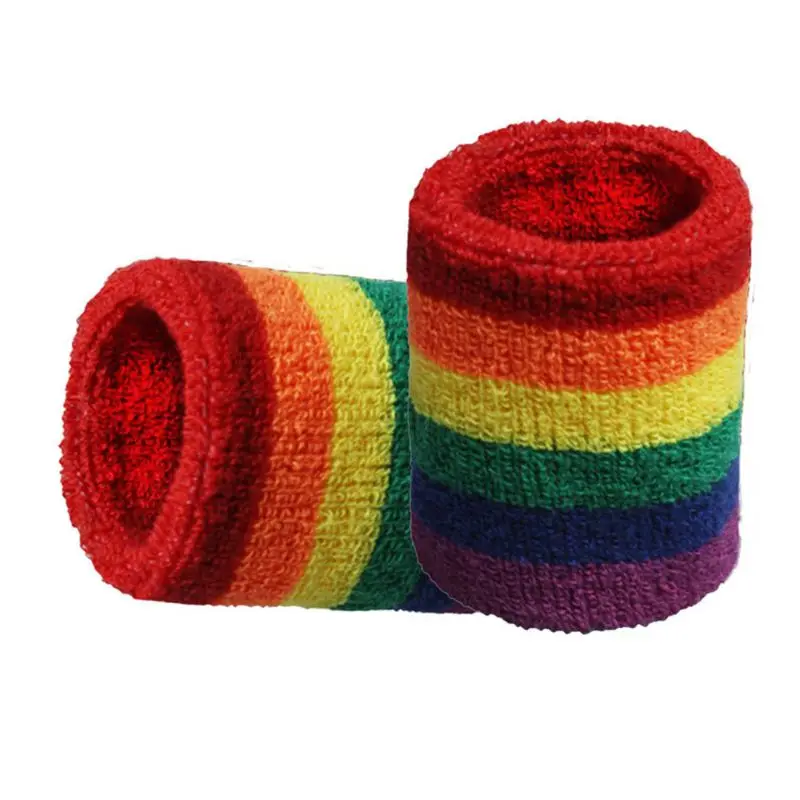 

Unisex Sports Workout Rainbow Striped Headband Wristband Towel Sweatband Breathable Bracers Running Badminton Support Wrap