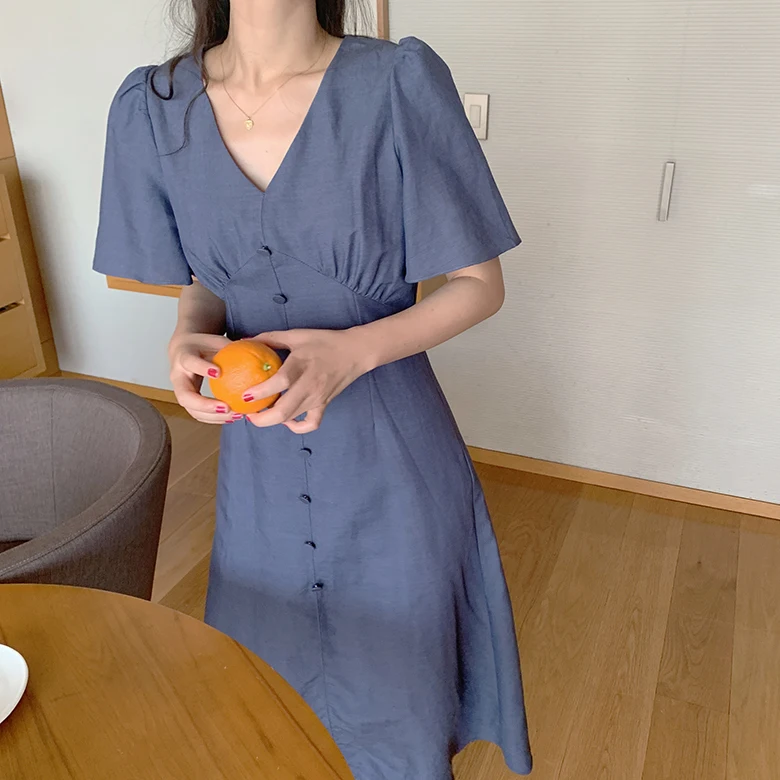 

Women Autumn Summer Dress Sexy V Neck Button Tunic Short Sleeve Korean Style Casual Long Sundress Elegant Party Vestidos