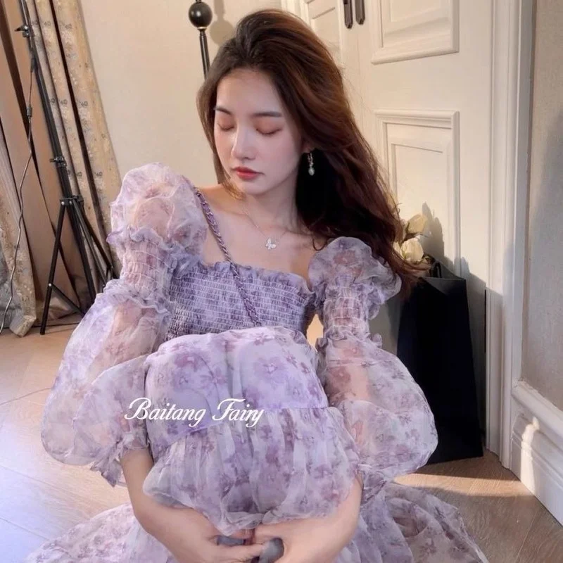 2021 Summer Lace Elegant Midi Dress Women Puff Sleeve Square Collar Boho Beach Floral Dress Female Party One Piece Dress Korean