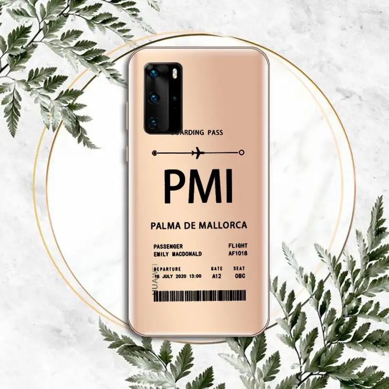 

Personalised Plane Ticket Phone Case Transparent for huawei honor P 40 30 20 lite Pro 10 i 8 9 x p smart 2019