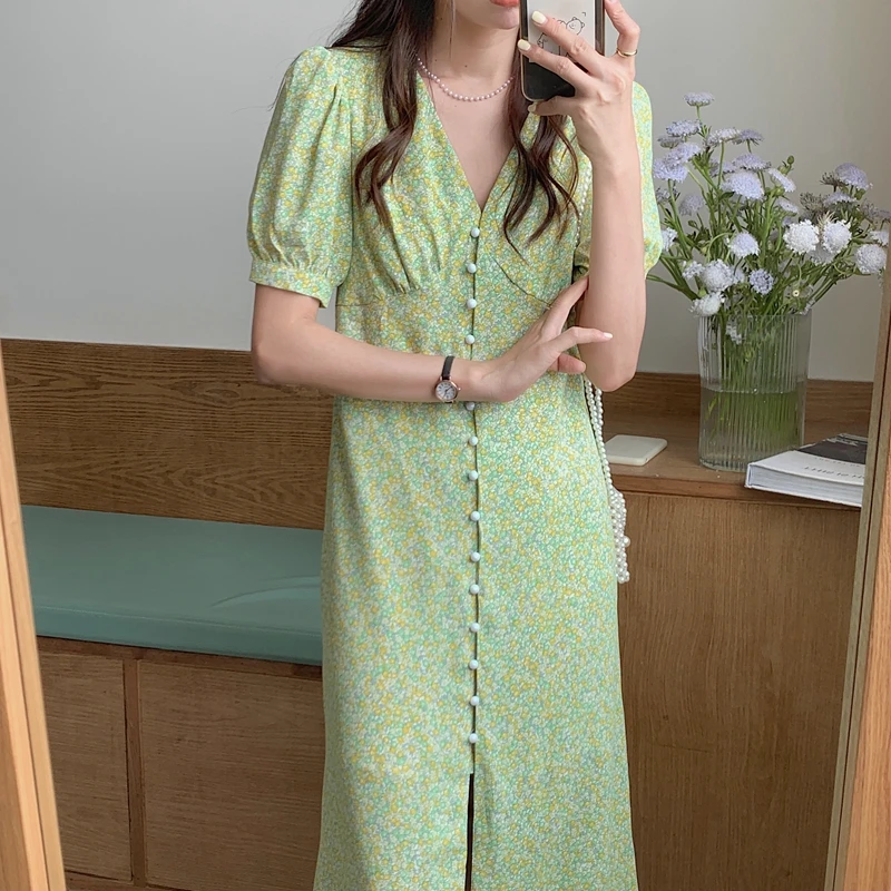 

Summer Women Floral Dress V-Neck Elegant Dress Single-Breasted Short Sleeve Female Vestidos