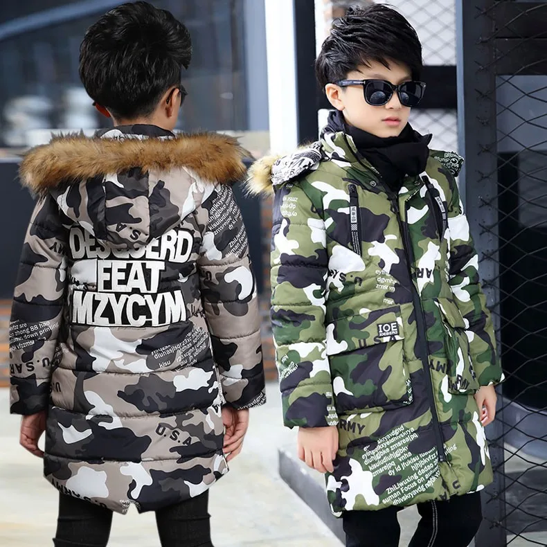 Детский длинный толстый пуховик камуфляжной расцветки зимняя куртка на утином