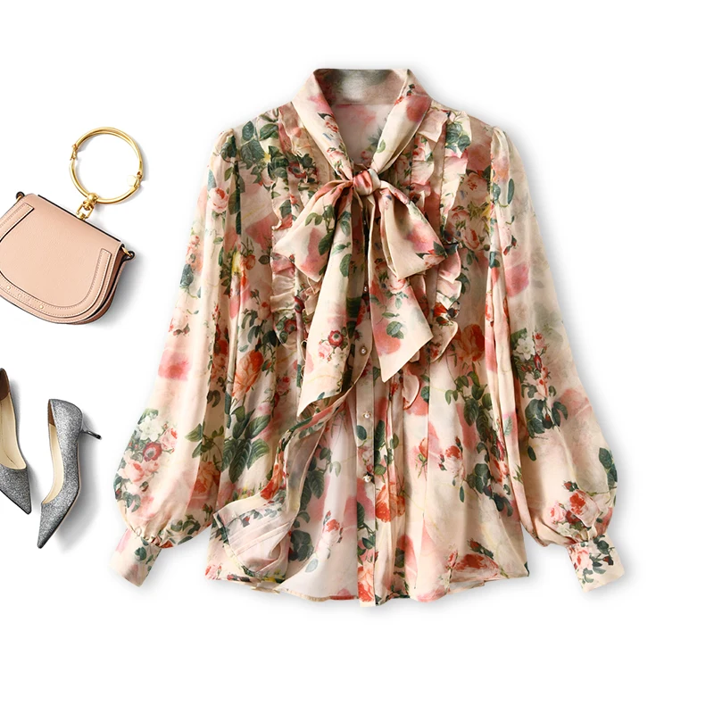 

SHUCHAN Women Fashion Shirt Silk Princess Sleeves Korean Tops Bow Chiffon Floral Casual Vintage Prairie Chic Summer 2021
