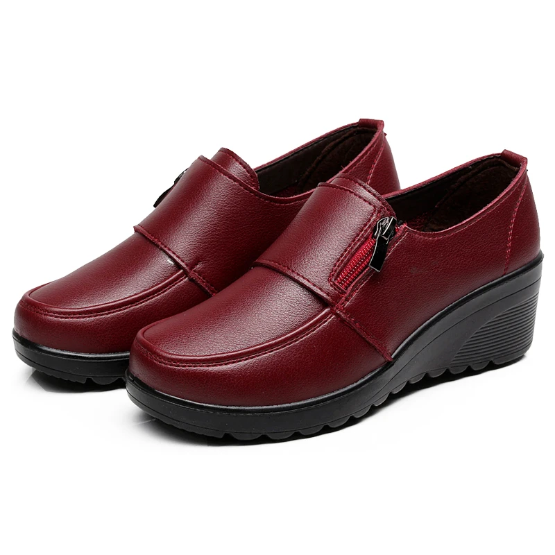 

2020 Spring Autumn Women's fashion Pumps shoes woman genuine leather wedge single casual shoes mother high heels shoesE175