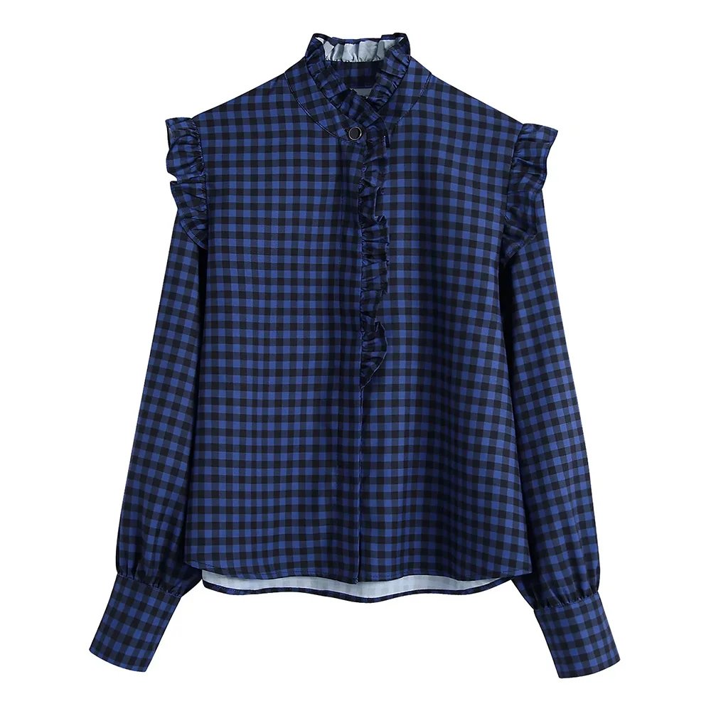 

XIKOM 2021 Autumn Blue Plaid Women's Clothing Blouses Ruffled Lantern Sleeve Vintage Women's Blouse Tops Casual Loose Shirt Top